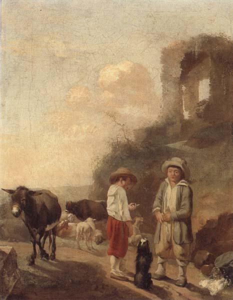 unknow artist A landscape with young boys tending their animals before a set of ruins oil painting picture